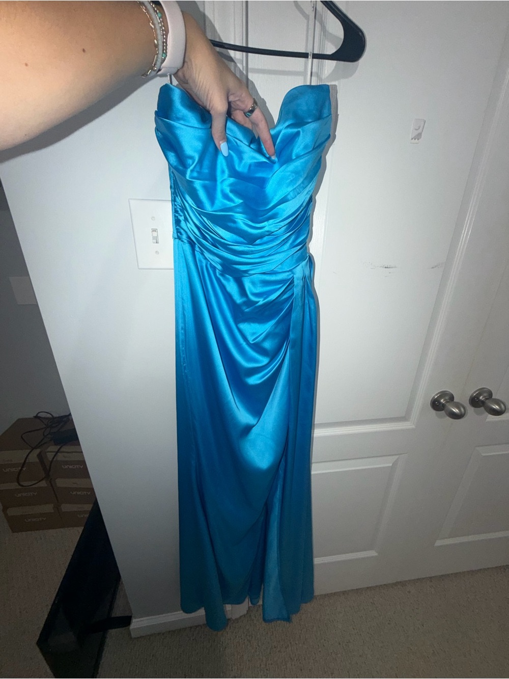 Lulu's Blue Strapless Satin Gown
